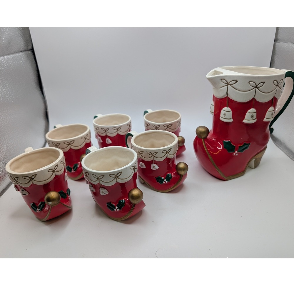 Vtg 1962 Napco Christmas Santa Boot Pitcher & 6 Mug Set Red Gold Holiday Decor